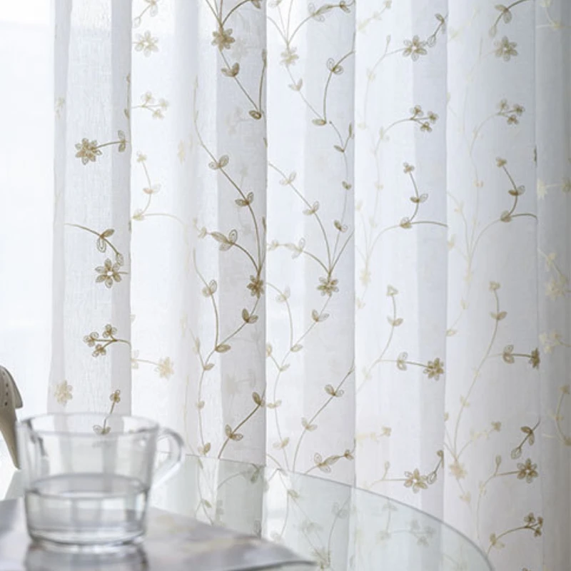 

DZQ Korean Sheer Tulle Curtains For Living Dining Room Bedroom Luxury Flower Embroidered French Window Drapes Home Curtains