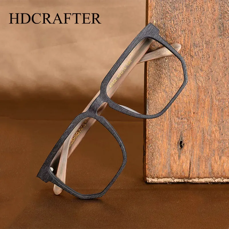 HDCRAFTER Men's Wood Oversized Eyeglasses Frame Wide Big Face 150mm Fashion Myopia Square Optical Prescription Glasses Frame