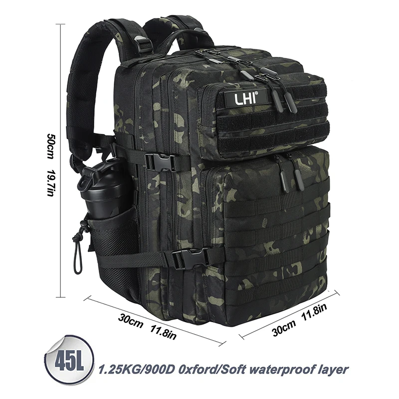 LHI 45L Tactical Hunting Backpack for Men Outdoor Waterproof Camouflage Bug Out Bag Hiking Survival Rucksack with Bottle Holder