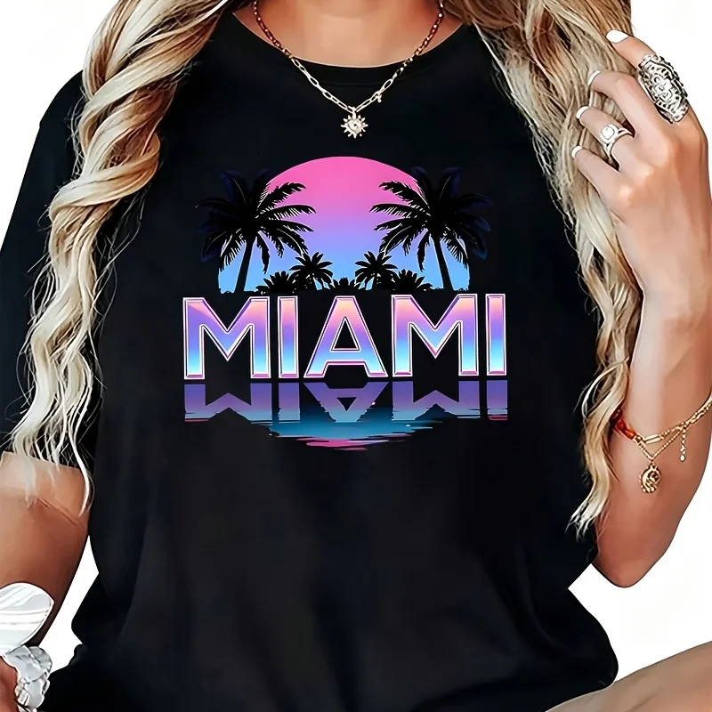 MIAMI Gradient Coconut Tree Women's T-Shirt 100% Cotton Funny Graphic Short Sleeve Tee Novelty Shirt Casual Crew Neck Top S-5XL