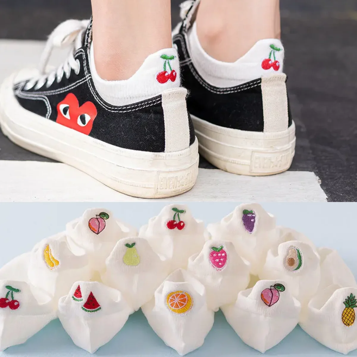 Fruits Embroidery Kawaii Socks Women Casual Solid Color White Socks Cotton Thin Breathable Sweet Girls Cute Low Cut Ankle Socks