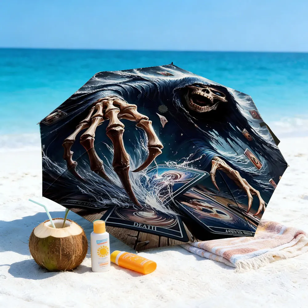 1PC Unique Umbrella Featuring Grim Reaper and Tarot Illustrations Print 8 Iron Ribs Folding Umbrella Auto-Open Fashion Sunshade