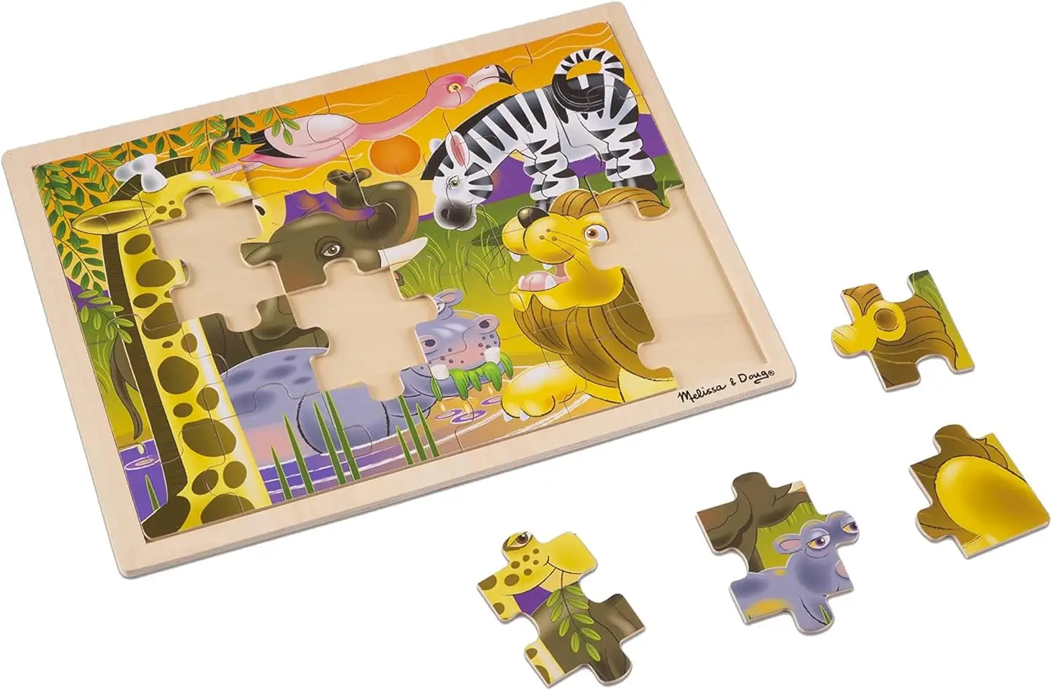 Melissa & Doug ตัวต่อจิกซอว์ไม้ซาฟารีเรียบสไตล์แอฟริกันพร้อมถาดเก็บ (24ชิ้น)