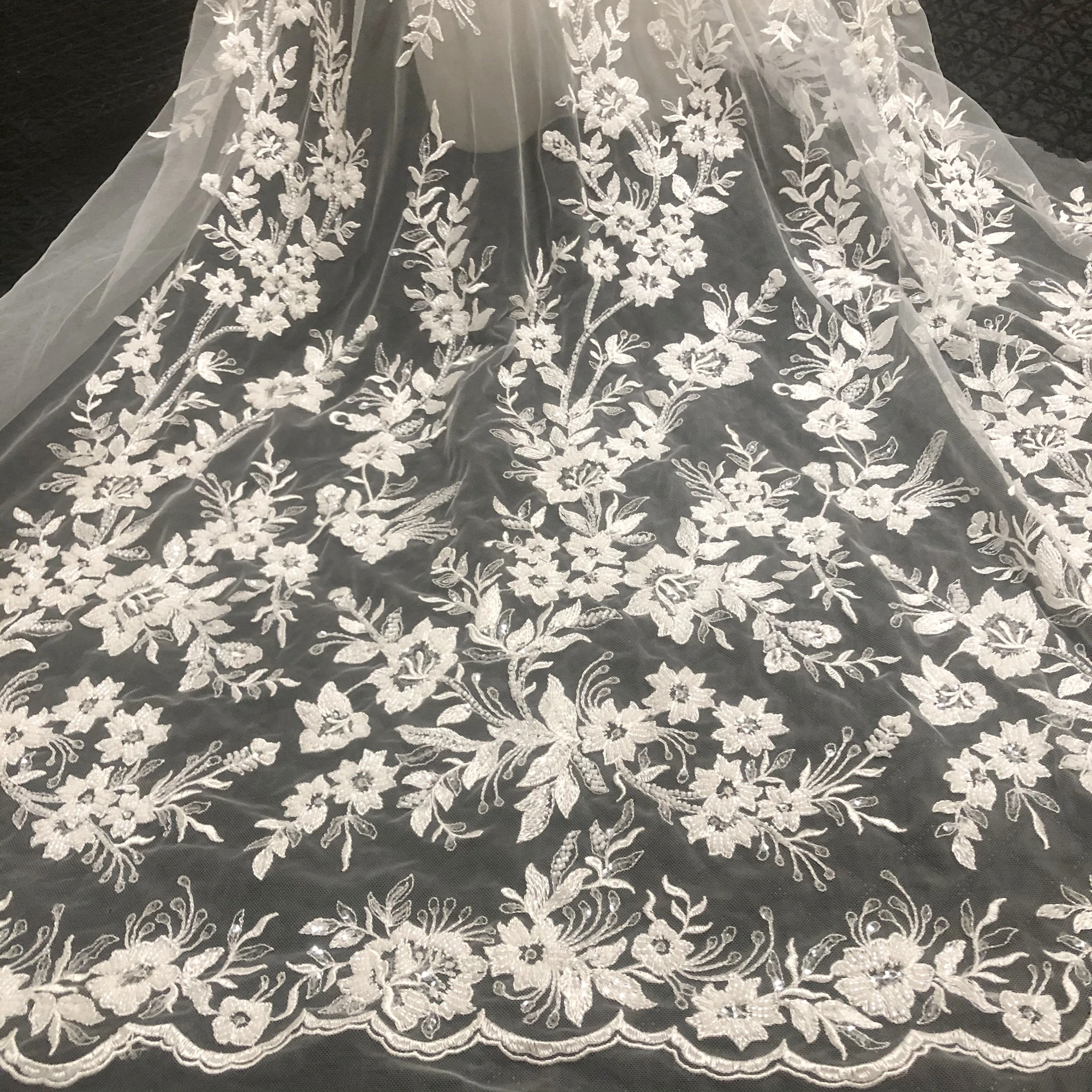 

High-Grade Wedding Dress Lace Fabric Off White Sequin Beads Tulle Embroidered Clothing Decorations