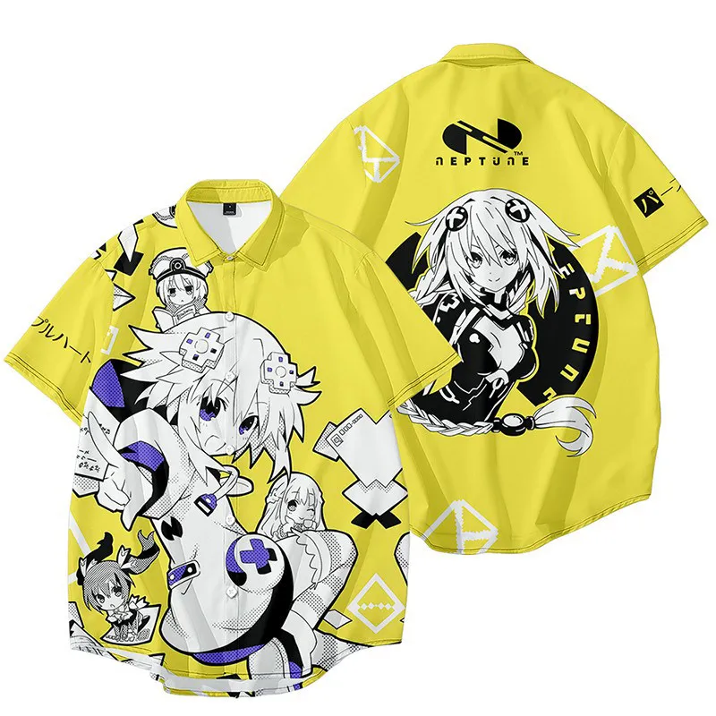 Anime Hyperdimension Neptunia 3D Printed Short Sleeve Hawaiian Shirt Lapel Men's Clothing Casual Fashion Tops Oversized Tshirt