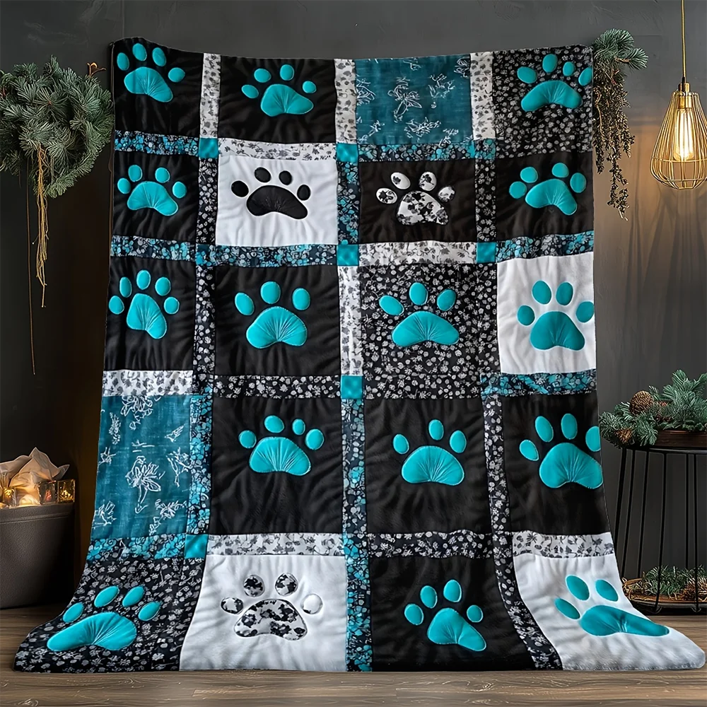 1pc  Teal Paw Print Quilted Throw Blanket, Patchwork Dog Cat Paw Fleece Blanket for Pet Lovers Home Decor