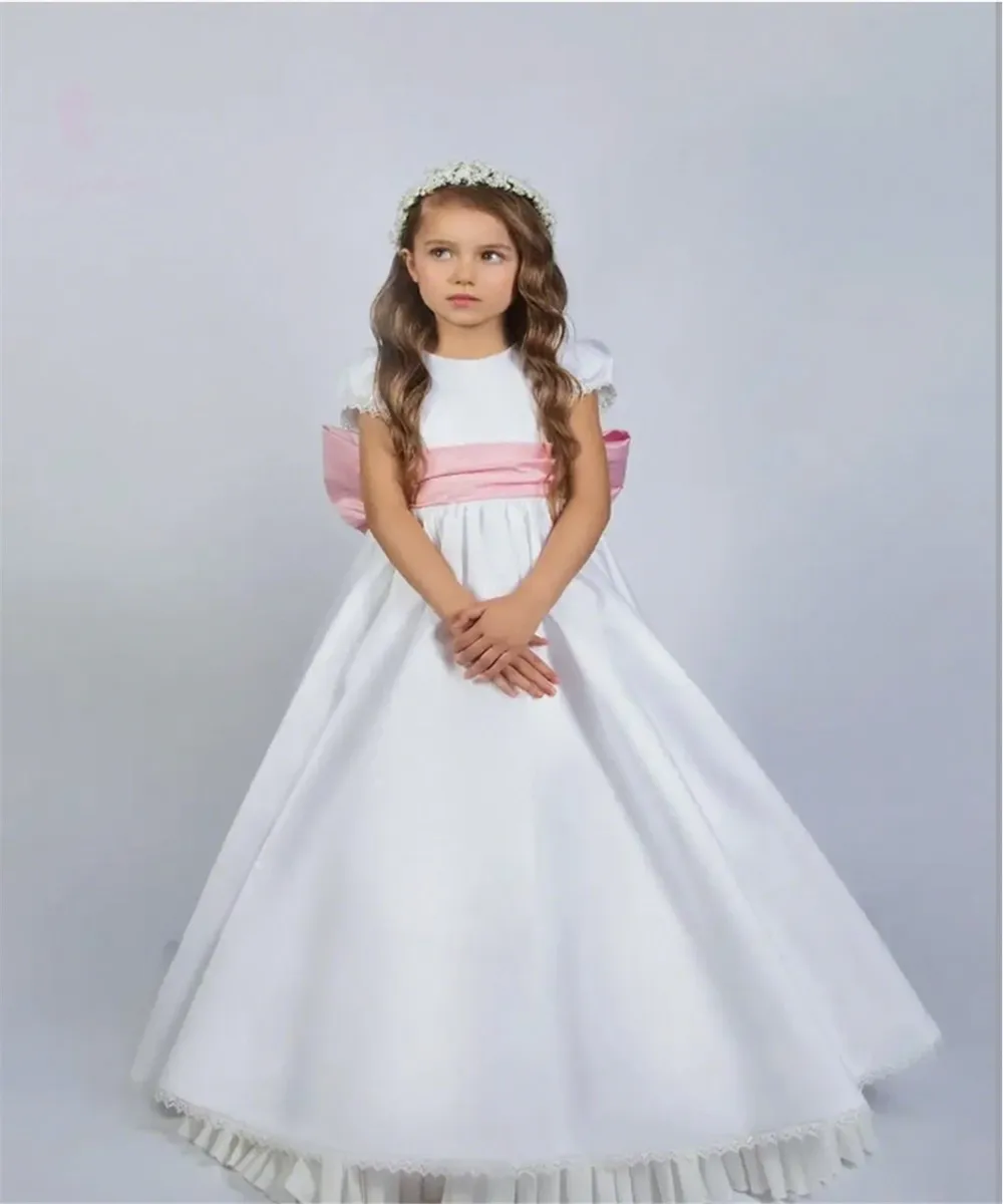 

Customized Elegant White Satin Flower Girl Wedding Dress Lace Bubble Sleeves Pink Bow Belt Cute Princess Birthday Party Dress