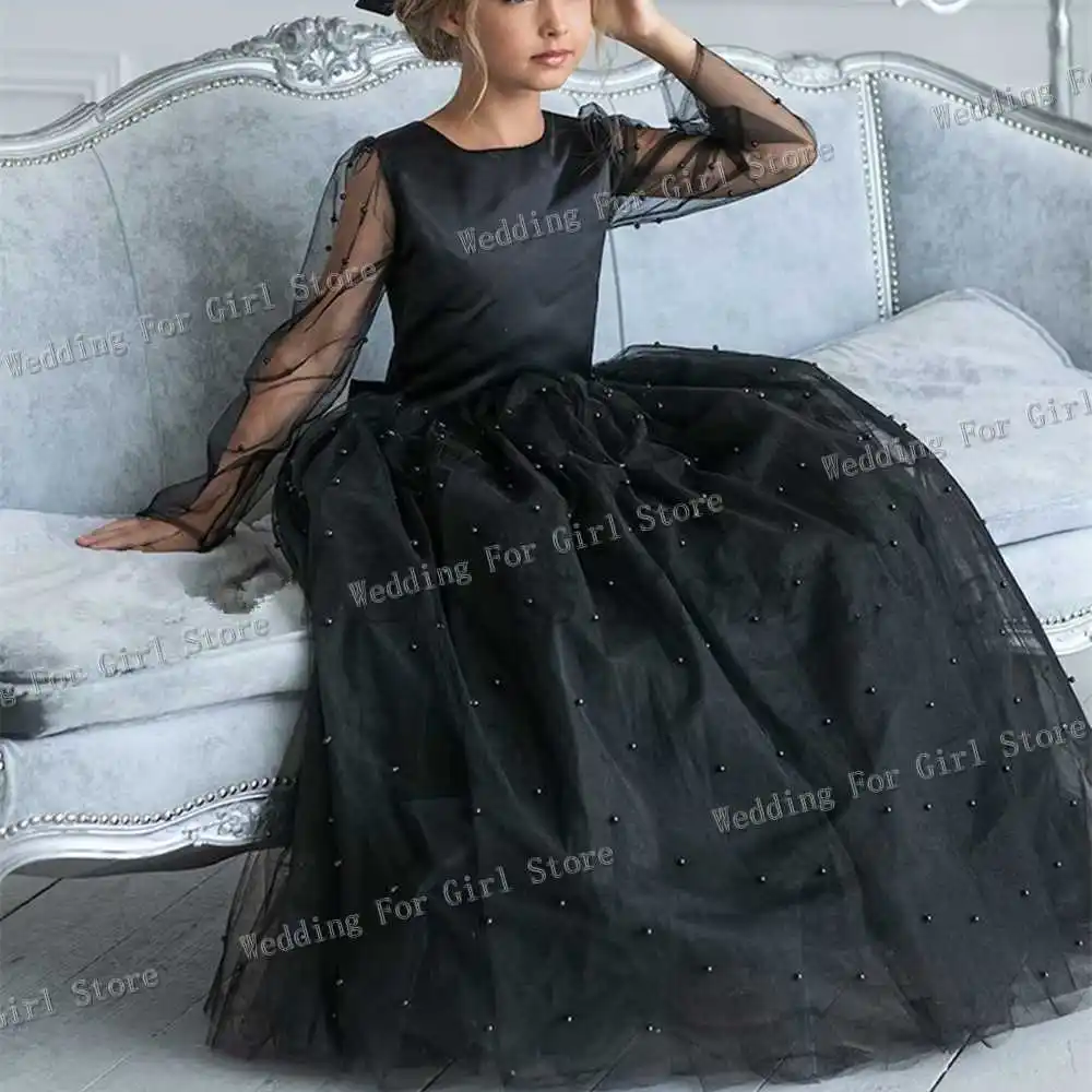 Vintage Black Pearls Ball Gown Flower Girl Dresses Backless Kid Birthday Party Dress Costumes Photography Custom