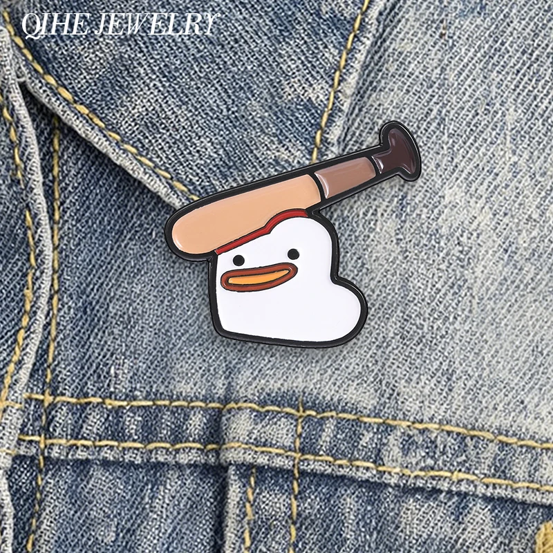 Cute Cartoon Baseball Bat Duck Enamel Pin Funny Comedy Baseball Bat Hitting Duck Brooch Lapel Bag Badge Jewelry Gift for Friends