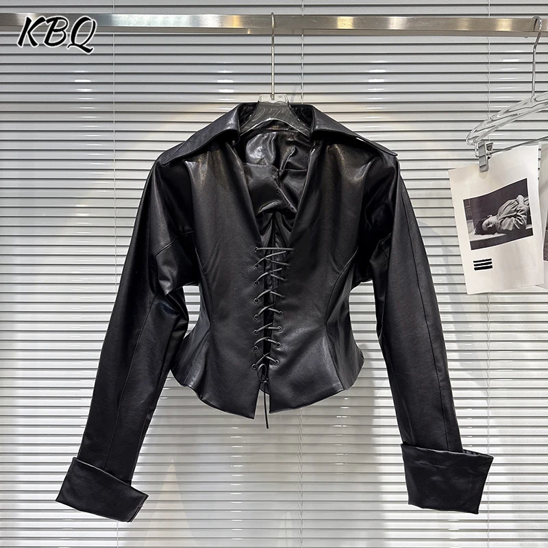 

KBQ Solid Spliced Drawstring Tunic Leather Shirt Jacket for Women Lapel Long Sleeve Minimalist Jacket Female Fashion Winter New