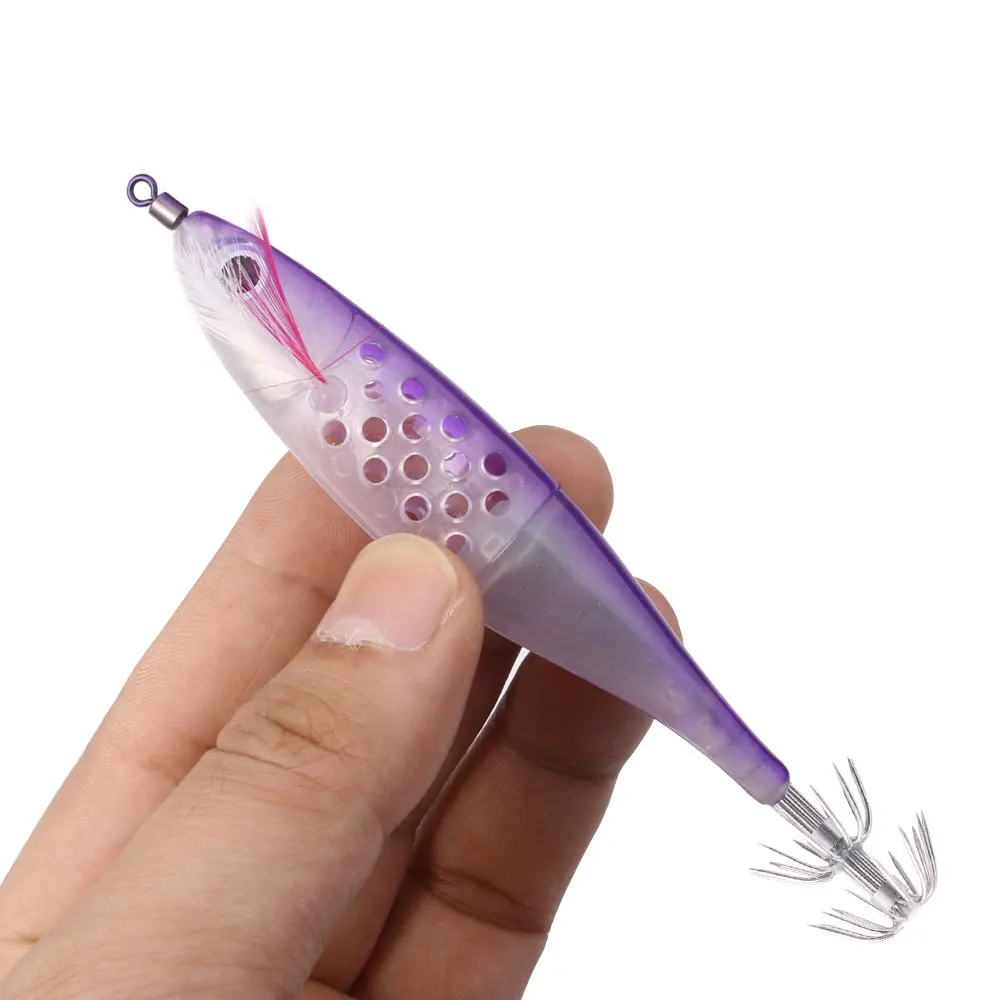 Glow In The Dark Squid Bait Egi Lure Double-Section Hollowed Cage Bait Wooden Shrimp Squid Jig with Feather Skirt