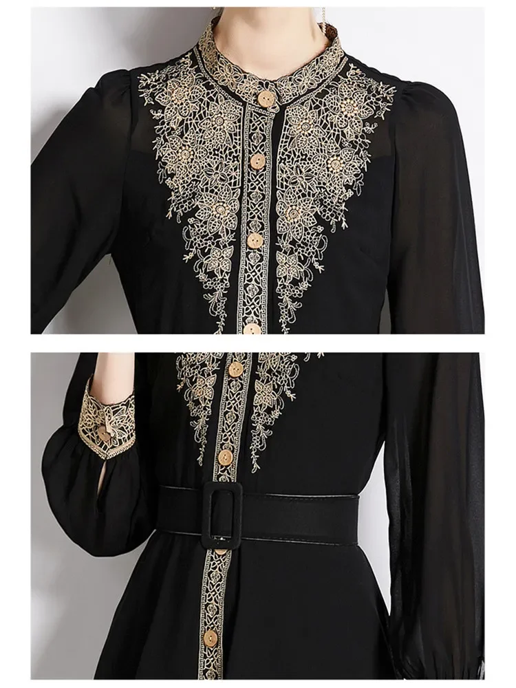 New Black Women Flower Embroidery Dress Long Lantern Sleeve Stand Collar Chiffon Smock Vintage High Waist Belted Midi Vestido