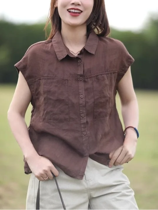 قميص أنيق بدون أكمام من القطن والكتان للنساء، قميص صيفي بسيط كاجوال بياقة كتان وأكمام قصيرة طائرة #1