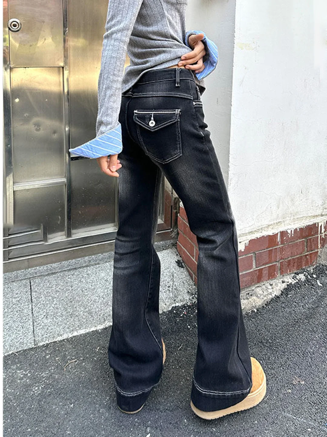 

American Style Low Waist Distressed Elastic Denim Jeans Women's Spring Summer Slimming Skinny Narrow Micro Flared Pants