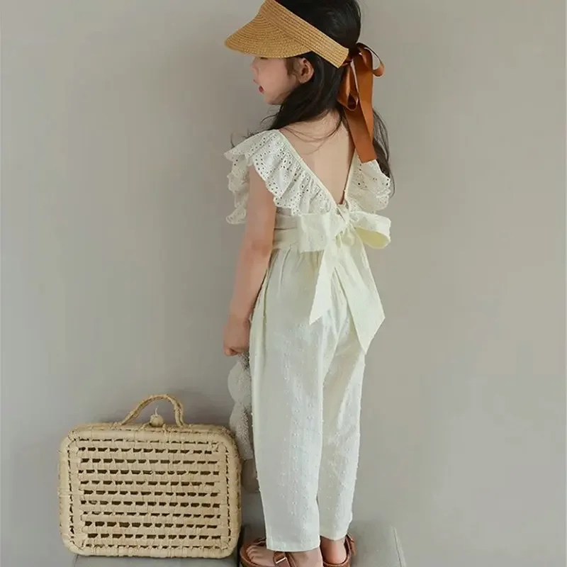 Summer Two-piece Set for Girls Bowknot Nylon Lace Sleeveless  A Textured Top +pants Kids Clothes Girls  Kids Boutique Clothes