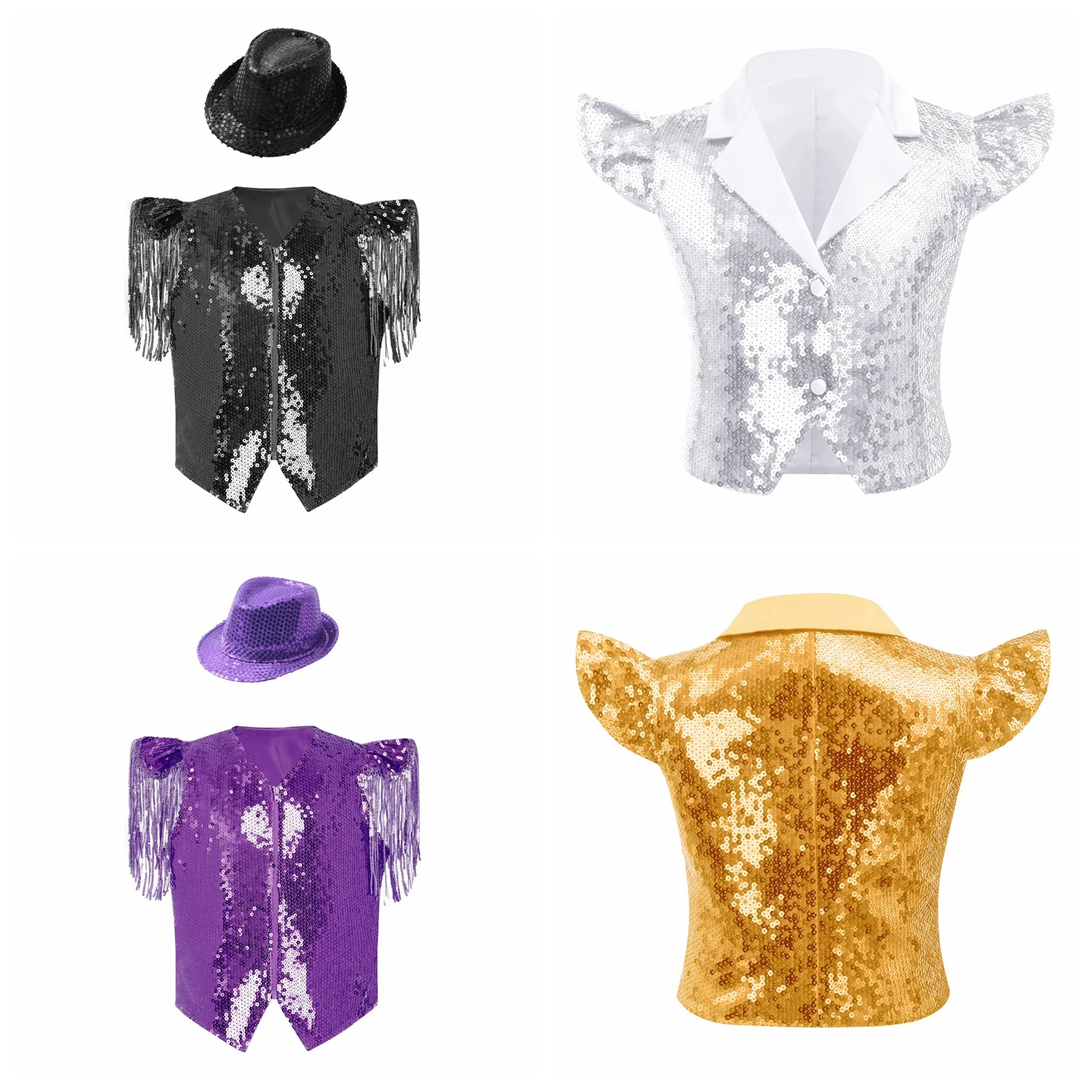 

Kids Street Jazz Dance Performance Outfit Boys Girls Tassel Cap Sleeves Metallic Vest Hip Hop Sequined 80s Disco Waistcoats