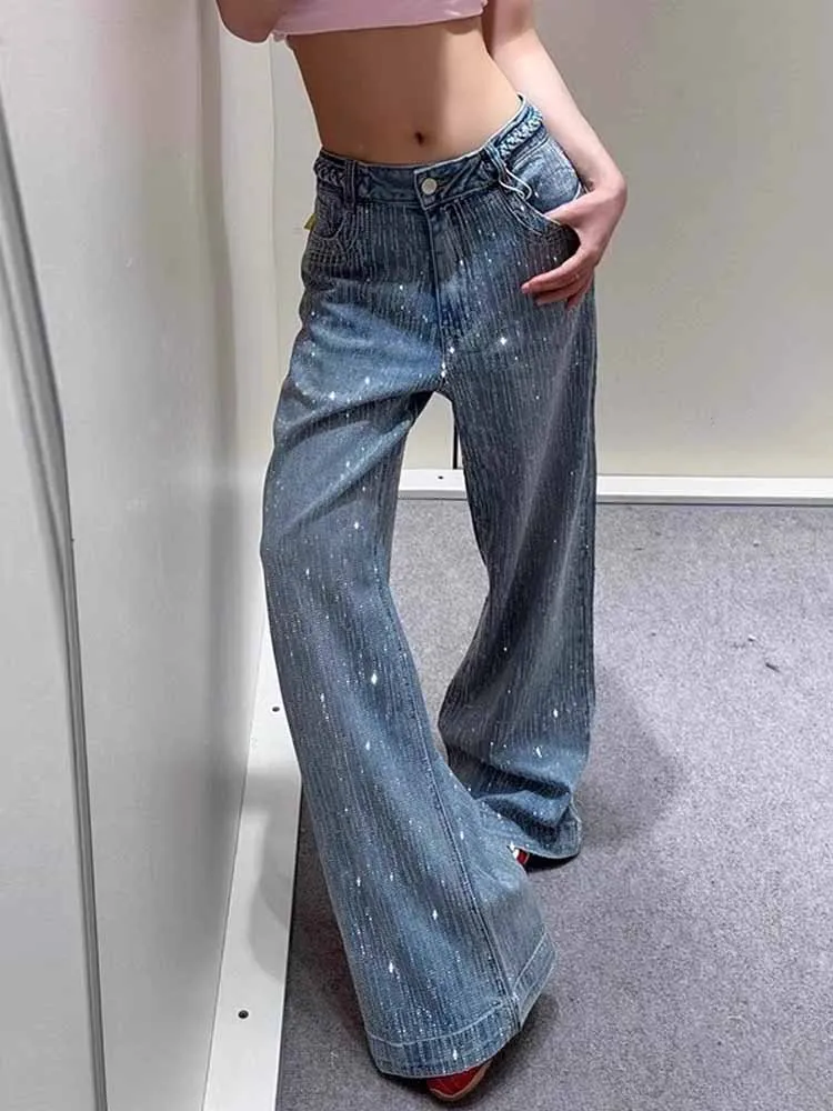 BKQU Luxe Y2K Diamanten Jeans Vrouwen Esthetische Hoge Taille Losse Wijde Pijpen Denim Broek 2025, Mode Sparkly High Street Broek