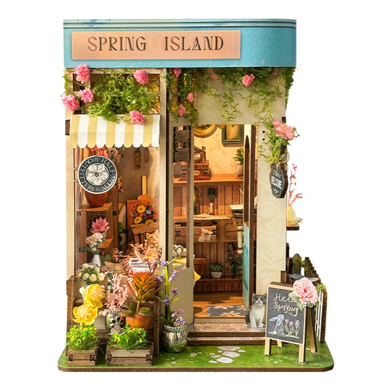 DIY Wooden Spring Island Flower Casa Book Nook Shelf Insert Miniature Model Kits Bookshelf Bookend for Friends Birthday Gifts