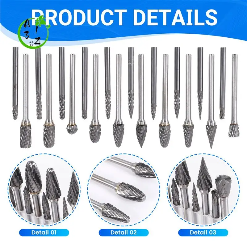 

A31Z-Double Cut Carbide Rotary Burr Set 20Pcs Die Grinder Bits 1/8 Inch Shank Carbide Cutting Burrs For Wood Working