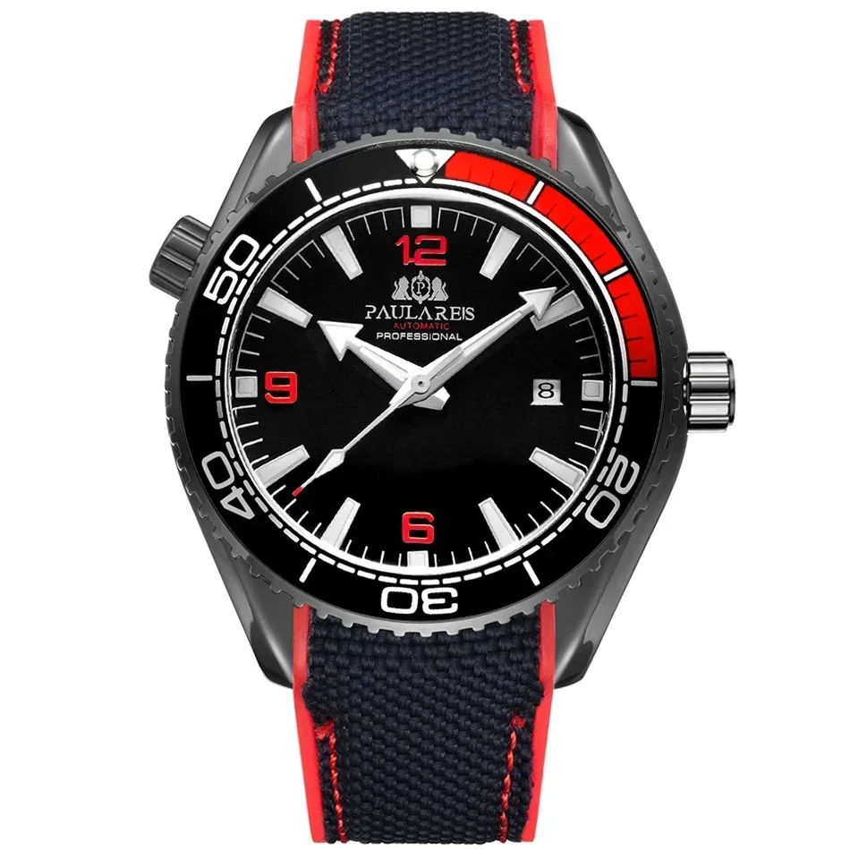 PAULAREIS P Automatische Herrenuhr, mechanisches Selbstaufzugswerk, Canvas-Kautschukarmband, Orange, Blau, Rot, Luxus-Modeuhren 10