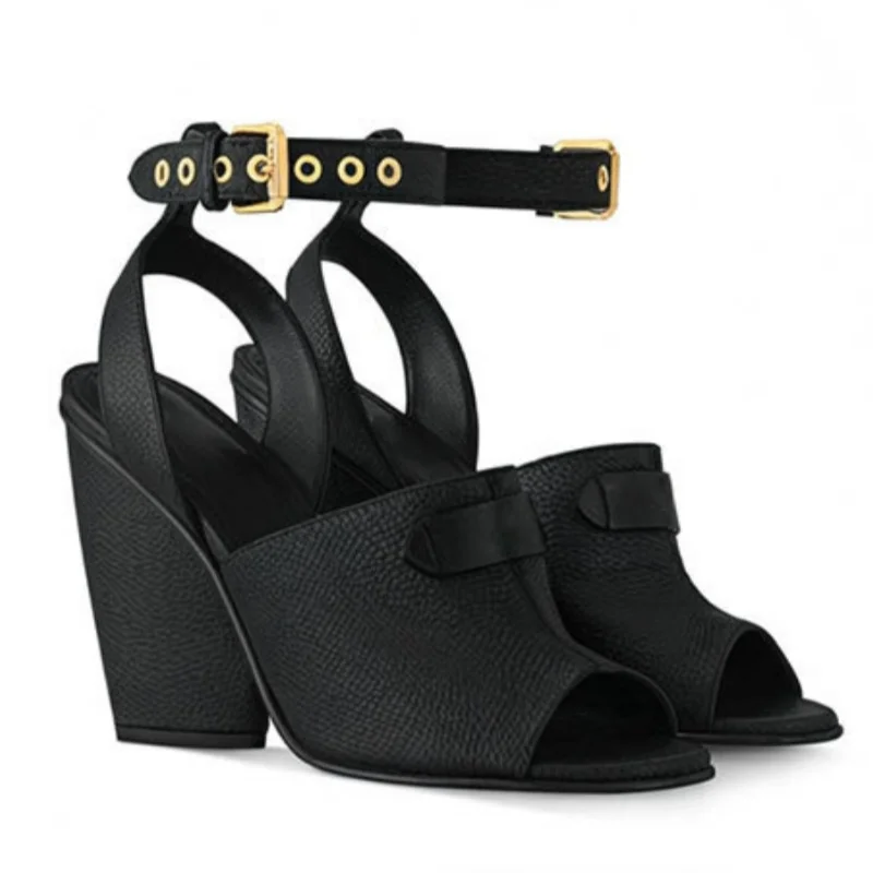 

Leather Peep Toe Sandalias De Mujer kitten Spiked Heeled Buckle Strap Slingback Women Shoes Sandals Sandales Femmes Designer