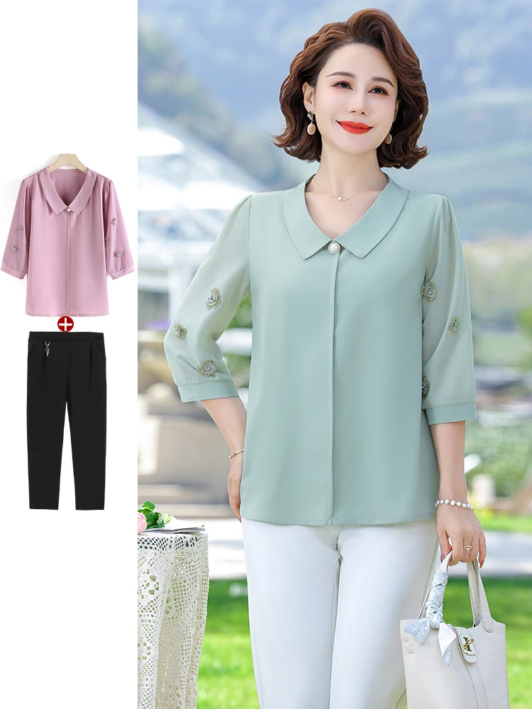 

Faionable Mommy Весенняя одежда, новинка 2025, облегающая футболка из полиэфирного волокна, комплект для женщин среднего возраста