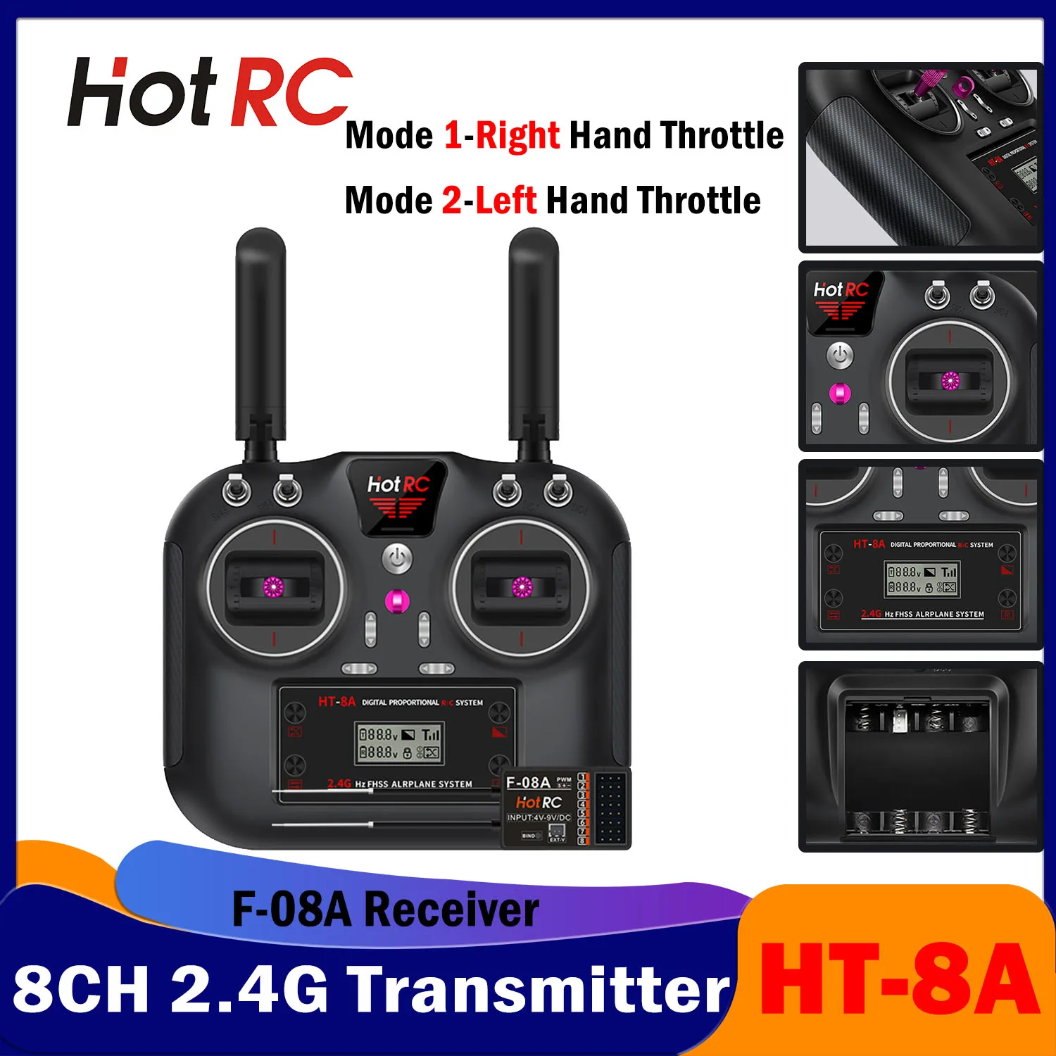 

HotRC 8CH 2.4G RC Aircraft PWM Transmitter HT-8A with 8 Channel Receiver Radio System for Remote Control Model Vehicles Ship Toy