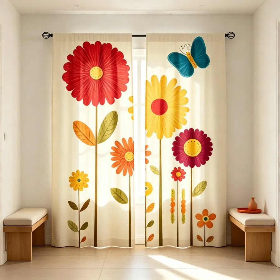 2PCS Digital Print Curtain, Cartoon Colorful Daisy Flower Butterfly Pattern, Cute Kids Style for Living Room Bedroom Decor