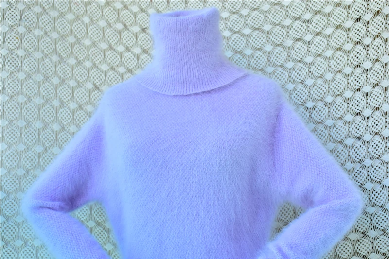 Ladies Women Fashion Violet Hairy Soft Angora Rabbit Hair Knitted Crop Top Turtleneck Long Sleeves Slim Sweater Jumper Pull Tops