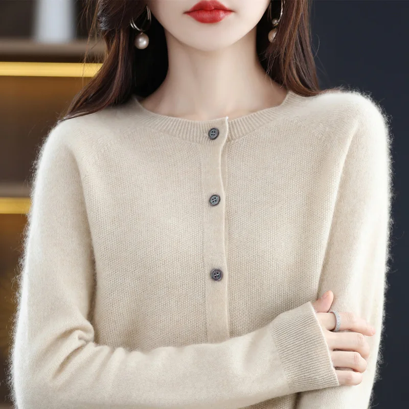 100% Australia Wool Women\'s Skinny Long-sleeved O-neck Loose Knitted Cardigan Ladies Casual Elastic Sweater Tops