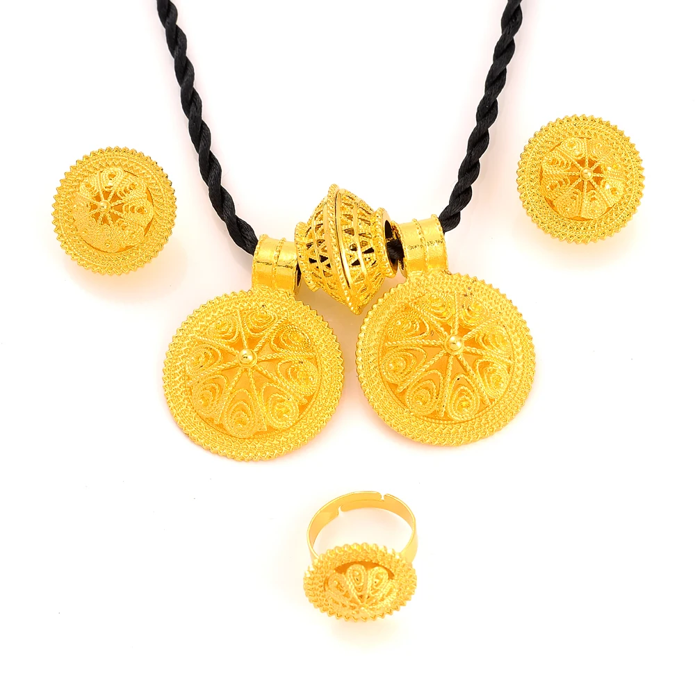 

Gold Plated Charm Ethiopian Big Size Earrings/2PCS Pendant/Ring Jewelry Sets Gold Plate Africa Bride Wedding Eritrea Set Gifts