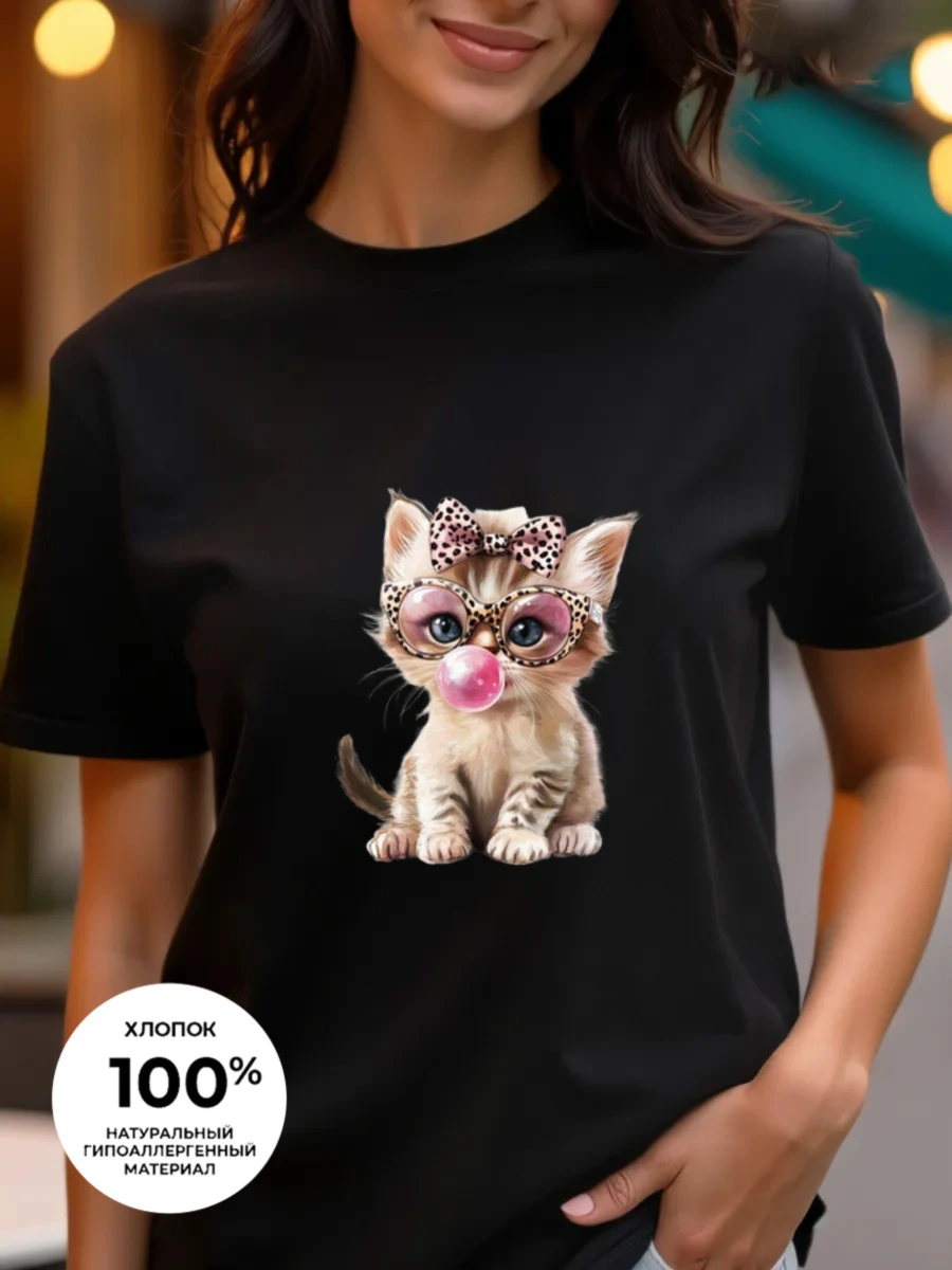 Animals with human-like features cartoon print, round-neck short-sleeved women's top, pure cotton T-shirt top, casual top