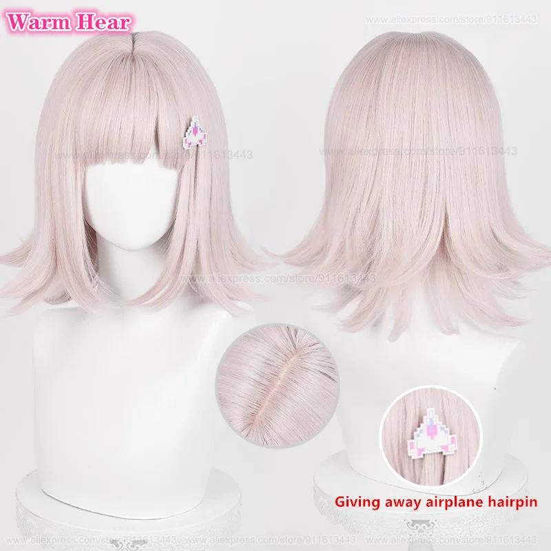 

Anime Nanami ChiaKi Synthetic Short 34cm Grey Pink Cosplay Wig With Hairpin Heat Resistance Hair Halloween Party Wigs + Wig Cap
