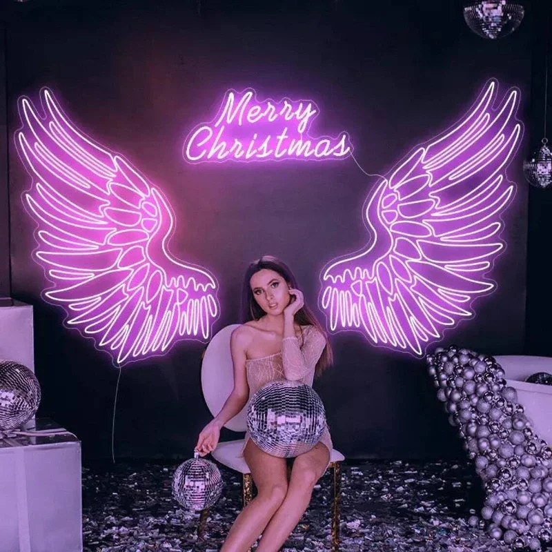 

Custom Angel Wing Neon Signs w Halo and Text LED Neon Sign Beauty Salon Decoration for Bedroom Home Bar Wall Decor Night Lights