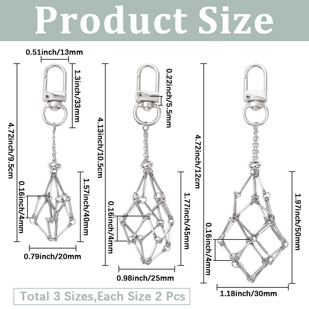 1 Box 6Pcs Stone Holder Keychain Cage Keychains Silver Stainless Steel Swivel Clasps 95mm/105mm/120mm Long Adjustable Stone Cage