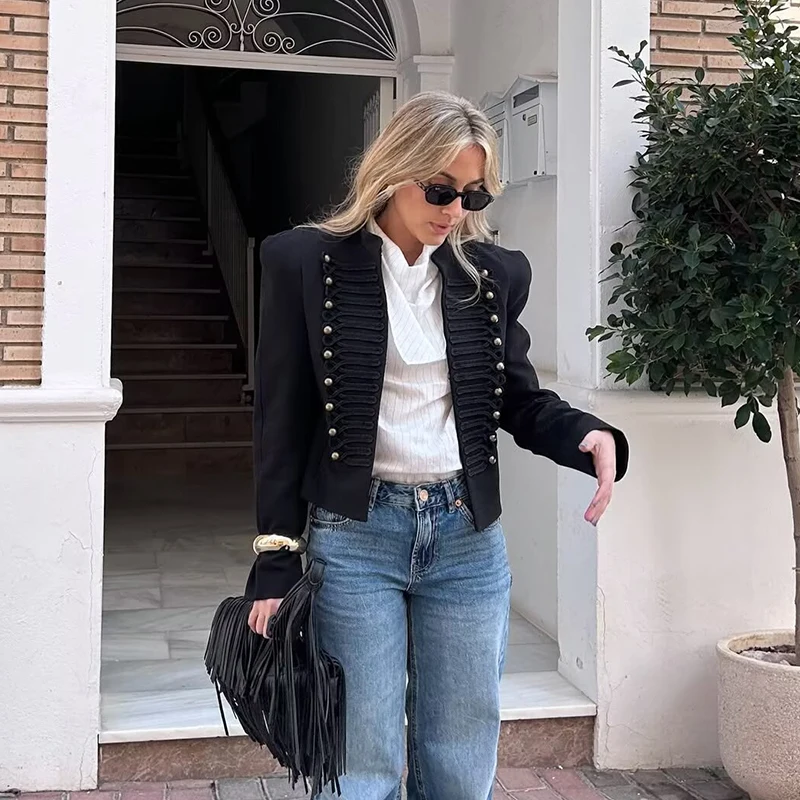 Women's Jackets Coats Fashion Button Decoration Cropped Jacket Women O-Neck Long Sleeve Slim Coats Female Outerwear Chic Tops