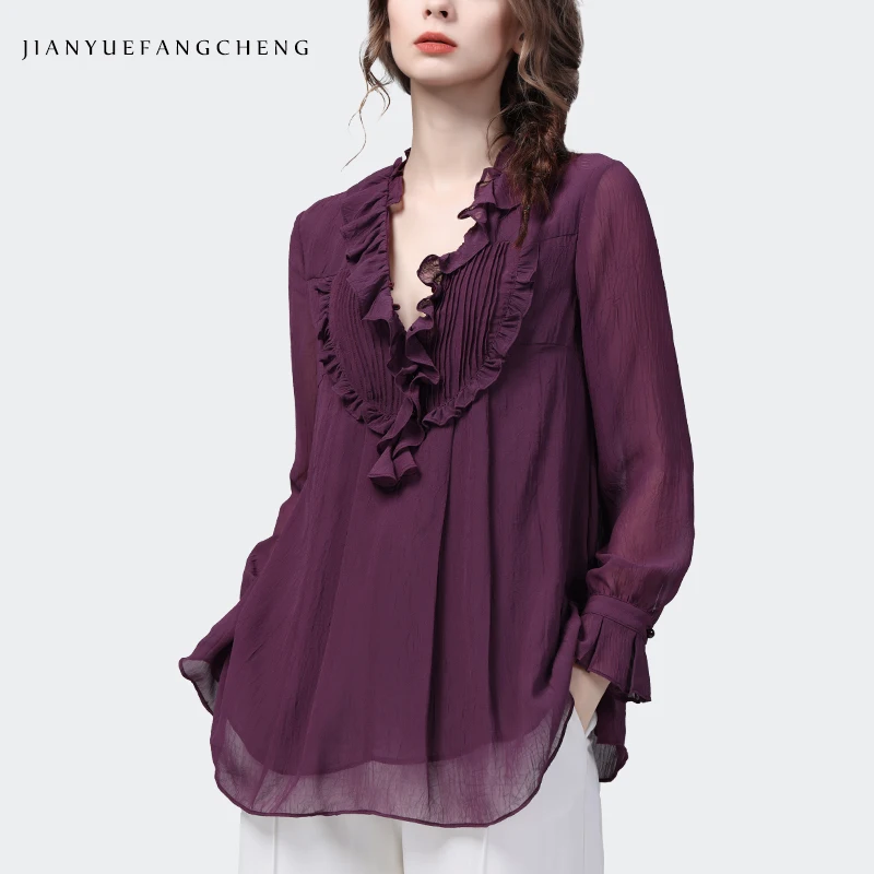 Loose-fitting Purple Ruffles Chiffon Blouse Women\' 2024 Spring Summer Tops Long Sleeve V-Neck Fashion Casual Office Lady Blous