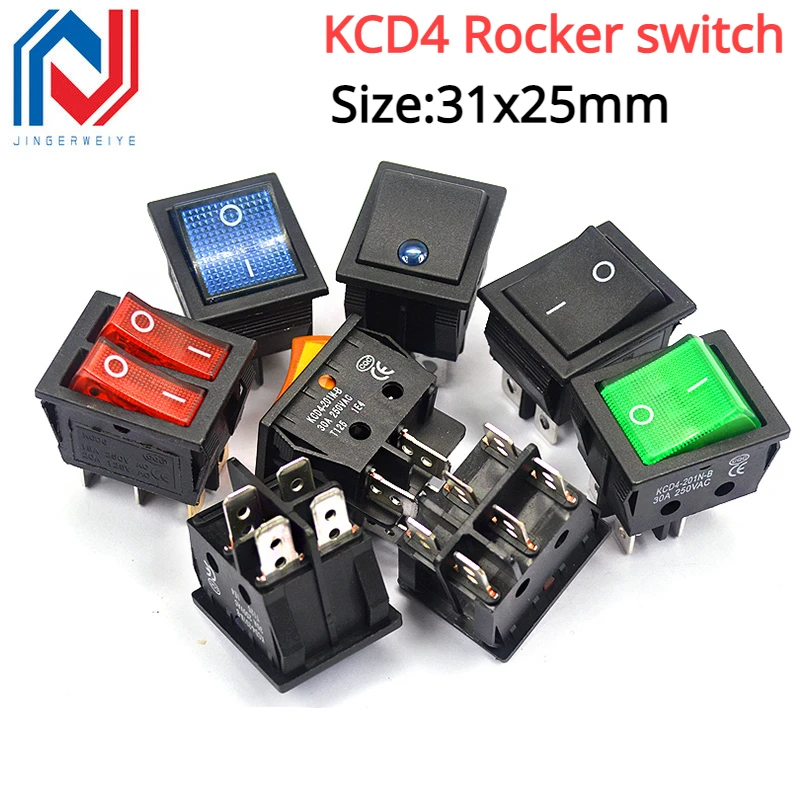 1 Pcs KCD4 Rocker switch ship type switch rocker power button 4/6PIN red light green light 31x25mm16A/30A 250v ON-OFF/ON-OFF-ON