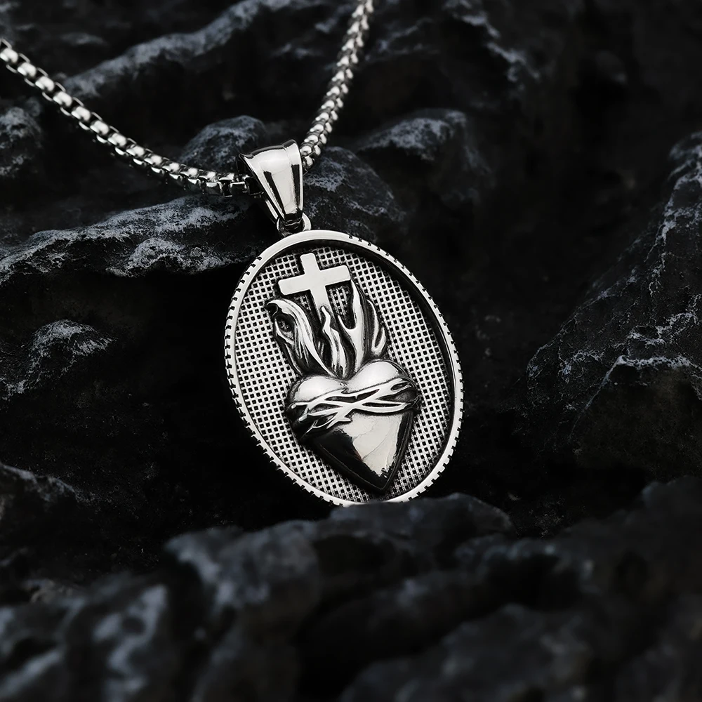 European and American Style Retro Cross Love Oval Men\'s Personalized Pendant Jewelry Titanium Steel Necklace