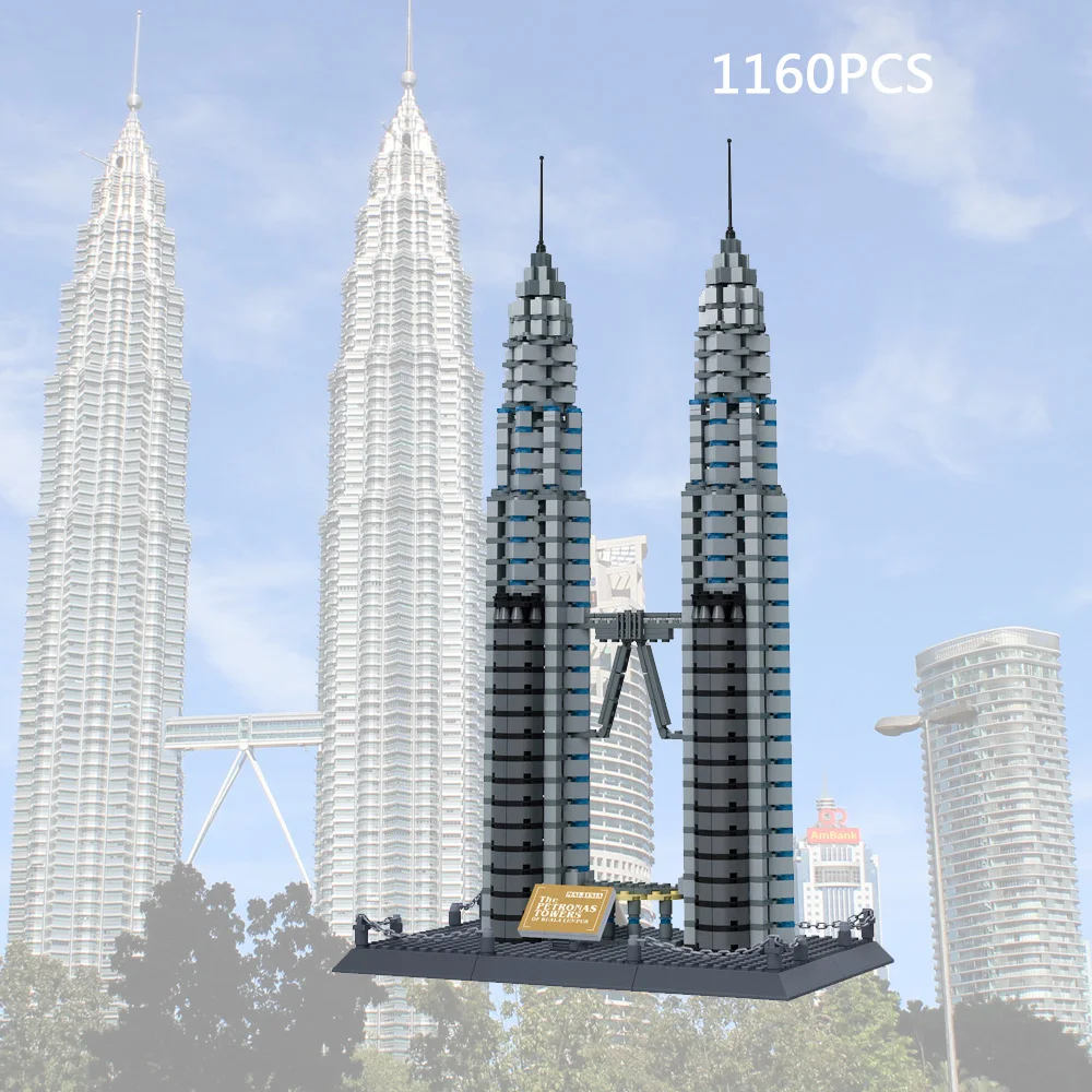 Famosa arquitetura de marco malásia Kuala Lumpur City Center Petronas Twin Towers Bloco de construção Modelo de construção Brinquedo de tijolo