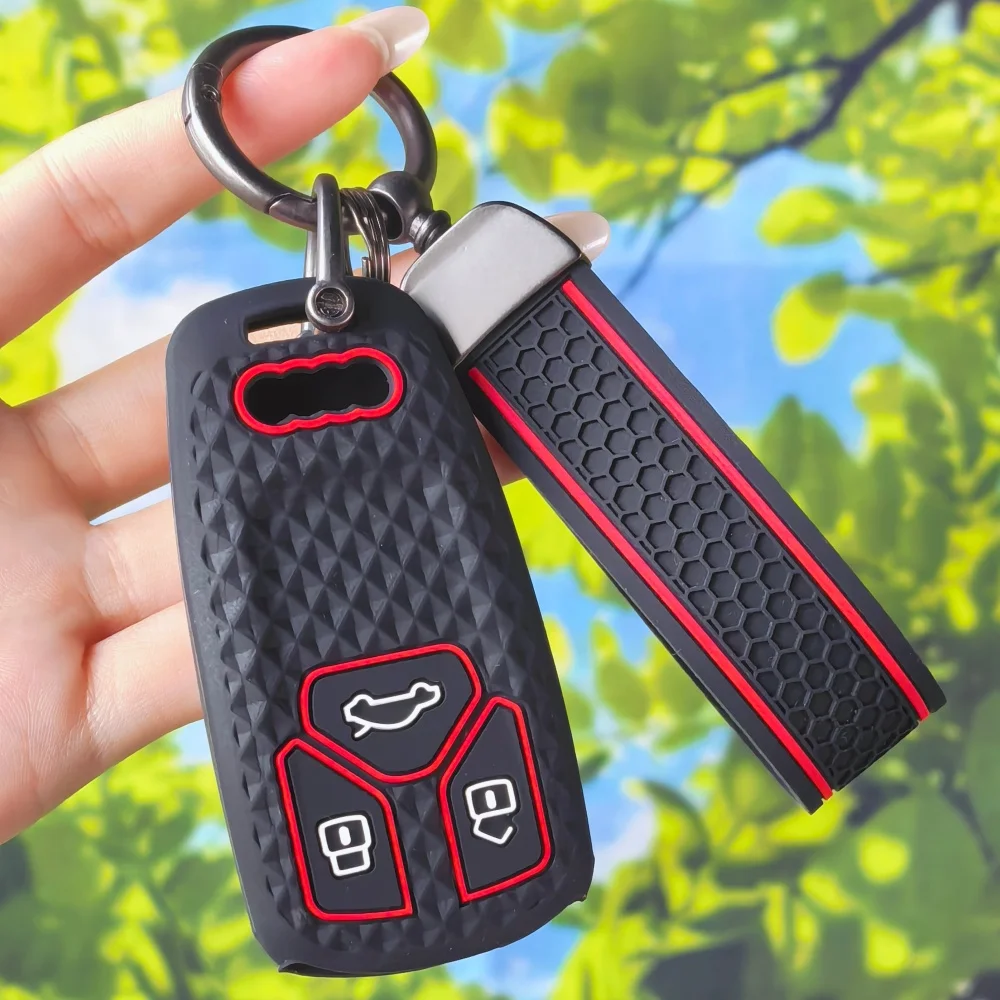 Sleek Red Hex Remote Key Case With Keychain For Audi A4 B9 A5 A6 8S 8W Q5 Q7 4M S4 S5 S7 TT Mk3 TTS TFSI RS Auto Protector Shell - view 2
