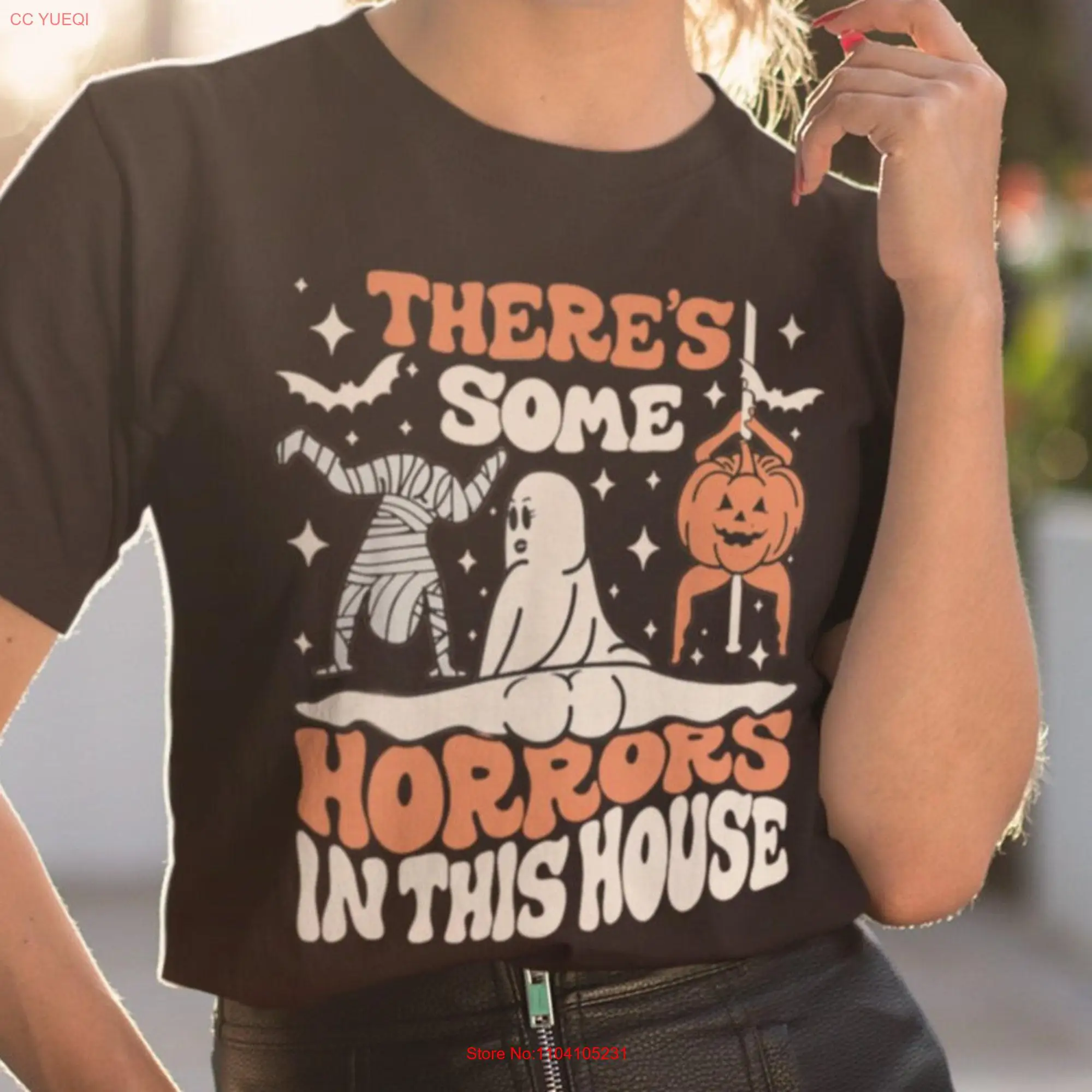 There's Some Horrors In This House Halloween Horror Vintage Style Inspired Ghost Pumpkin Skeleton  T Shirt