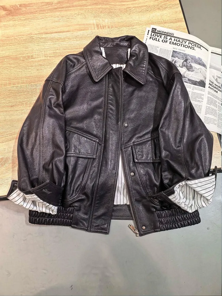 Damen Umlegekragen Ölwachs Schaffelljacke Lose Herbst Arbeitsmantel Winddicht Vintage Biker Reißverschluss Echtes Leder Damen