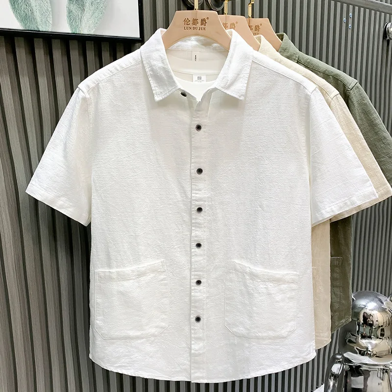 Summer Men's Short Sleeved Shirt Japanese Casual Fashion Loose Solid Color Simple Pocket Design Lapel Single Breasted T-shirt