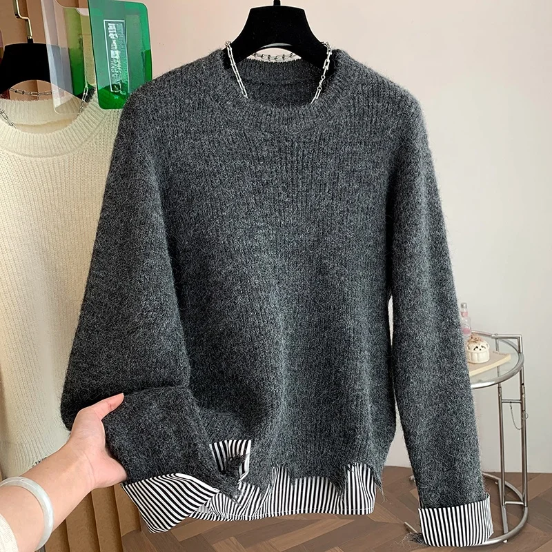 

Loose Knitted Sweater Women's Fashionable Autumn Winter Top Large Size Artistic Fake Two-Piece Set Head over Heels Style