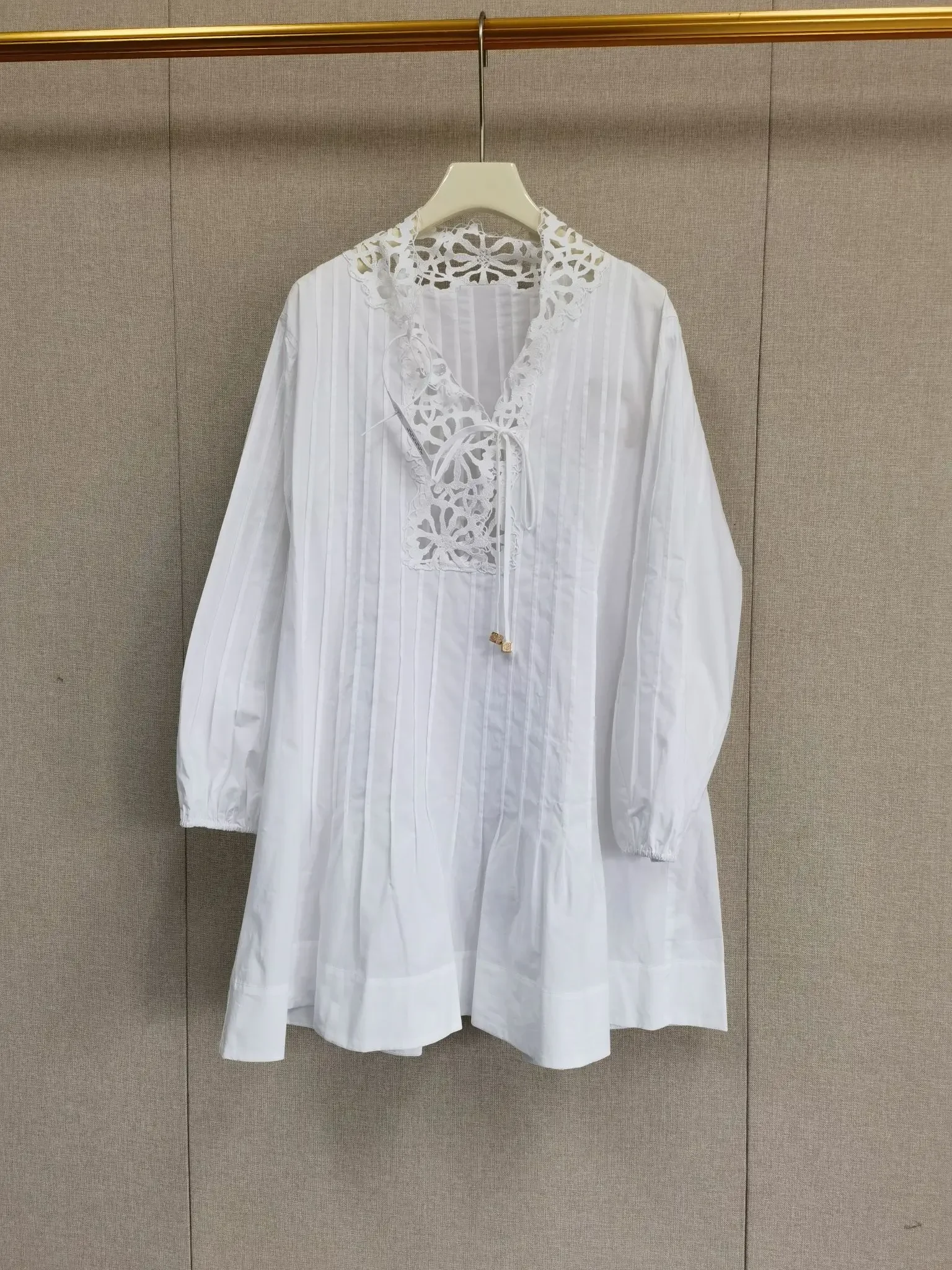 

Women Crochet Hollow Out Fold Loose Dress Lace-Up Long Sleeve Lady Mini Robe Summer 2025 Holiday Style