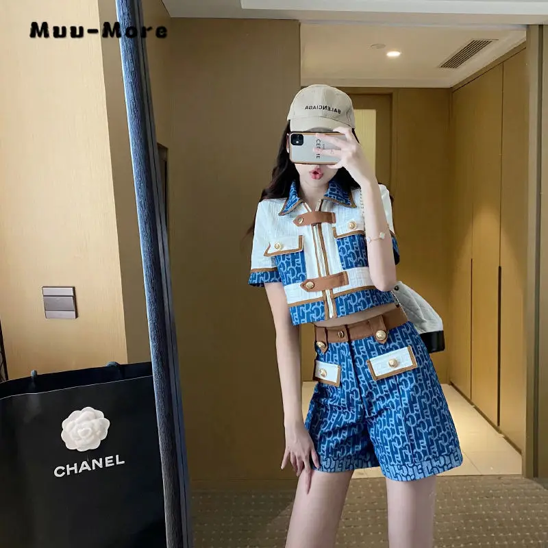 2024 Summer Fashion Casual Office Lady Two-piece Set Women Turn Down Collar Top + Print Shorts ELegant Shorts Set Outfits