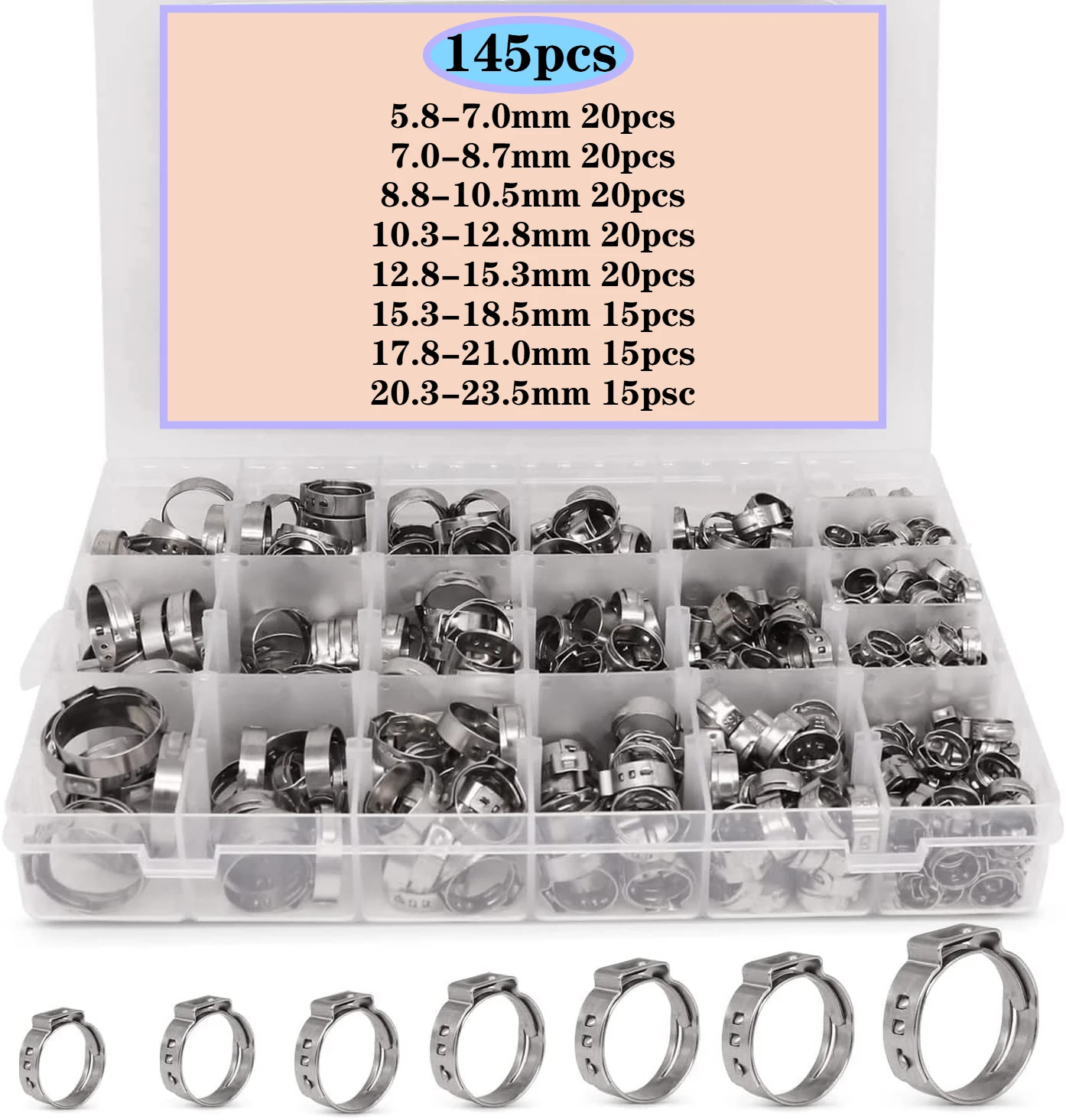 

145pcs 5.8-13.3mm 304 Stainless Steel Single Ear Hose Clamp Crimp Hose Clamp Assortment Kit Cinch Rings Crimp Pinch Tools