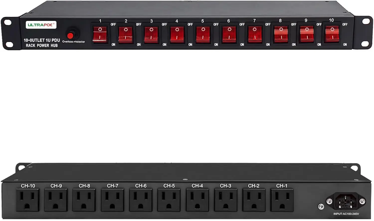 

10-портовый блок питания PDU для монтажа в стойку с защитой от перегрузки, 100-240В/15А, для сетевых серверов