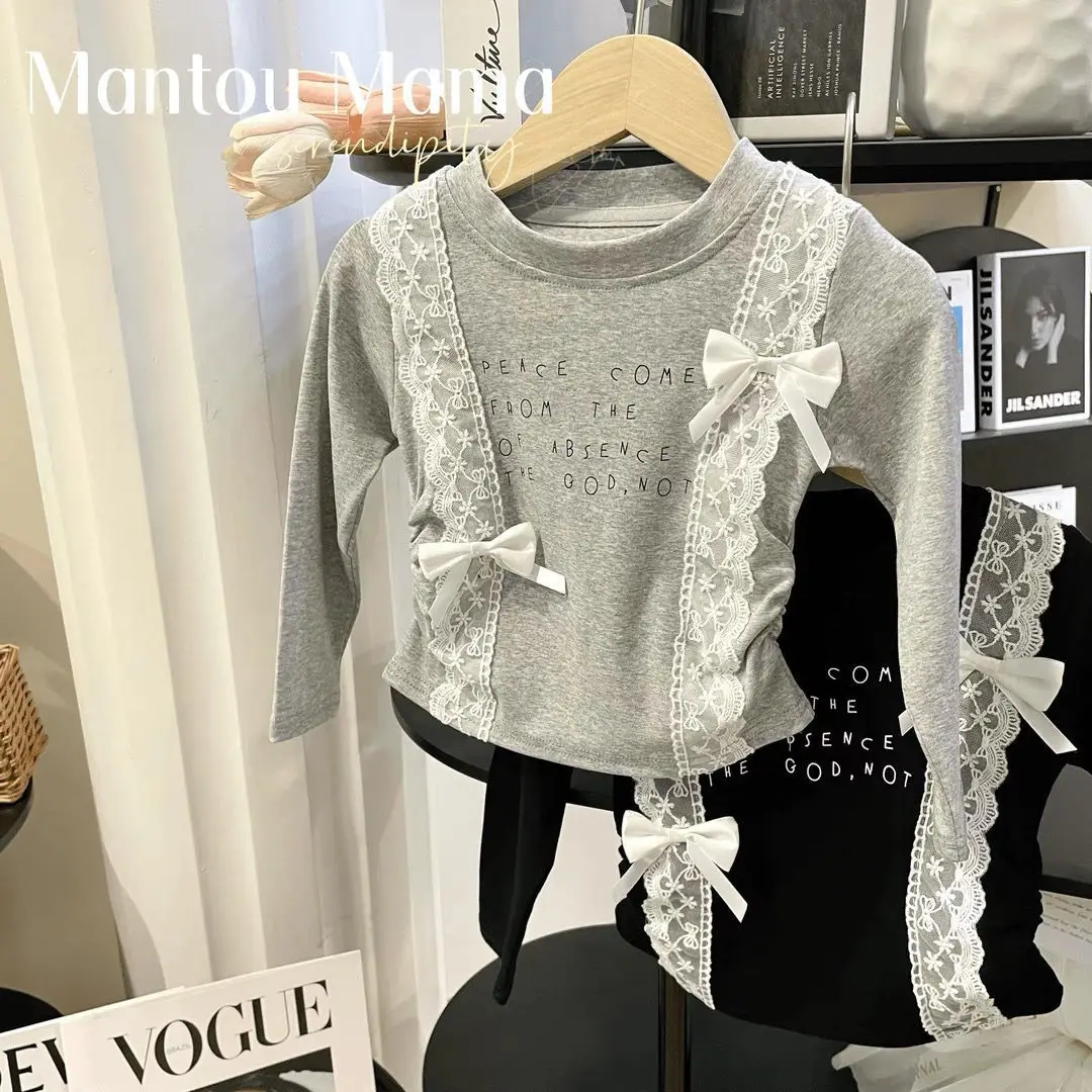 2026 Mädchen Herbst Neues Langarm-T-Shirt mit Schleife und Spitze im koreanischen Stil, Kinder Frühlings-Unterhemd 90-140 – Detail 5
